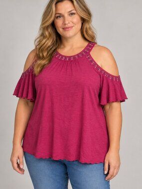 Eyeshadow Small Magenta Cold Shoulder Embellished Swing Top Boho Festival